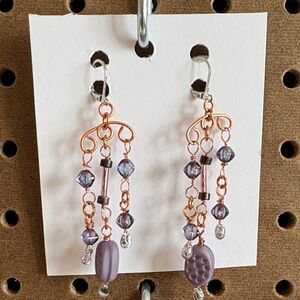 Hand Crafted Lavender Glass Bead Dangle Earrings with Copper Accents